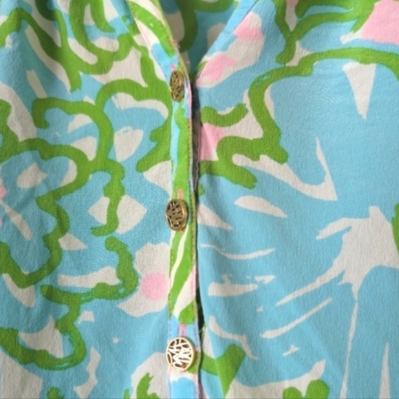 Lilly Pulitzer Silk Green Floral Pink Top Medium - Picture 5 of 9